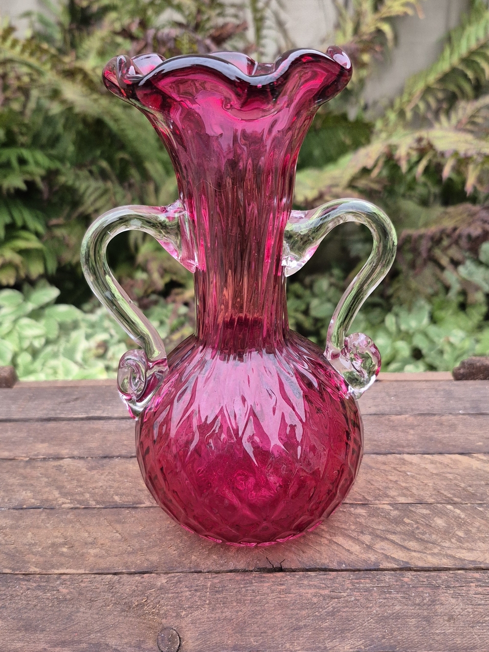 Vintage Rossi Cranberry Glass Vase - Diamond Optic 7.5”